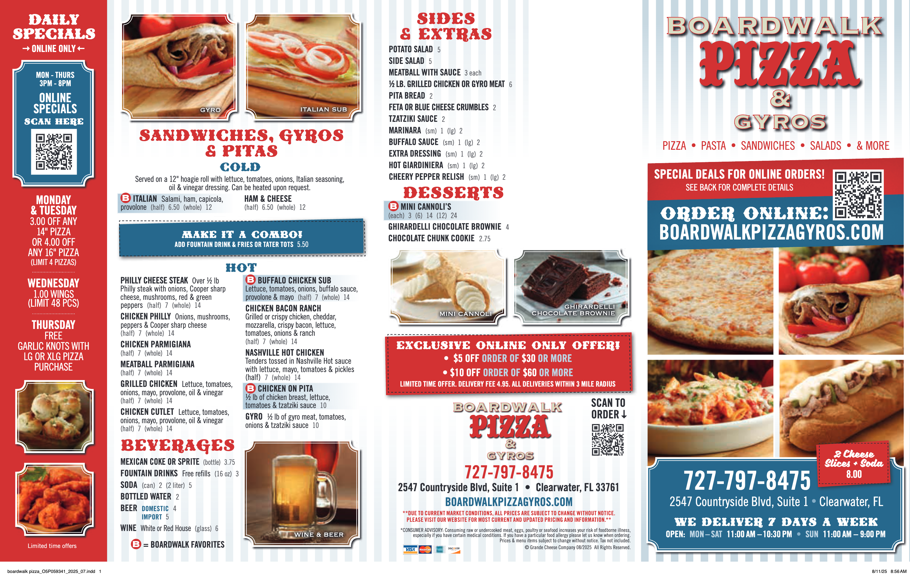 Boardwalk Pizza & Gyros menu — sandwiches, gyros, sides, desserts, beverages