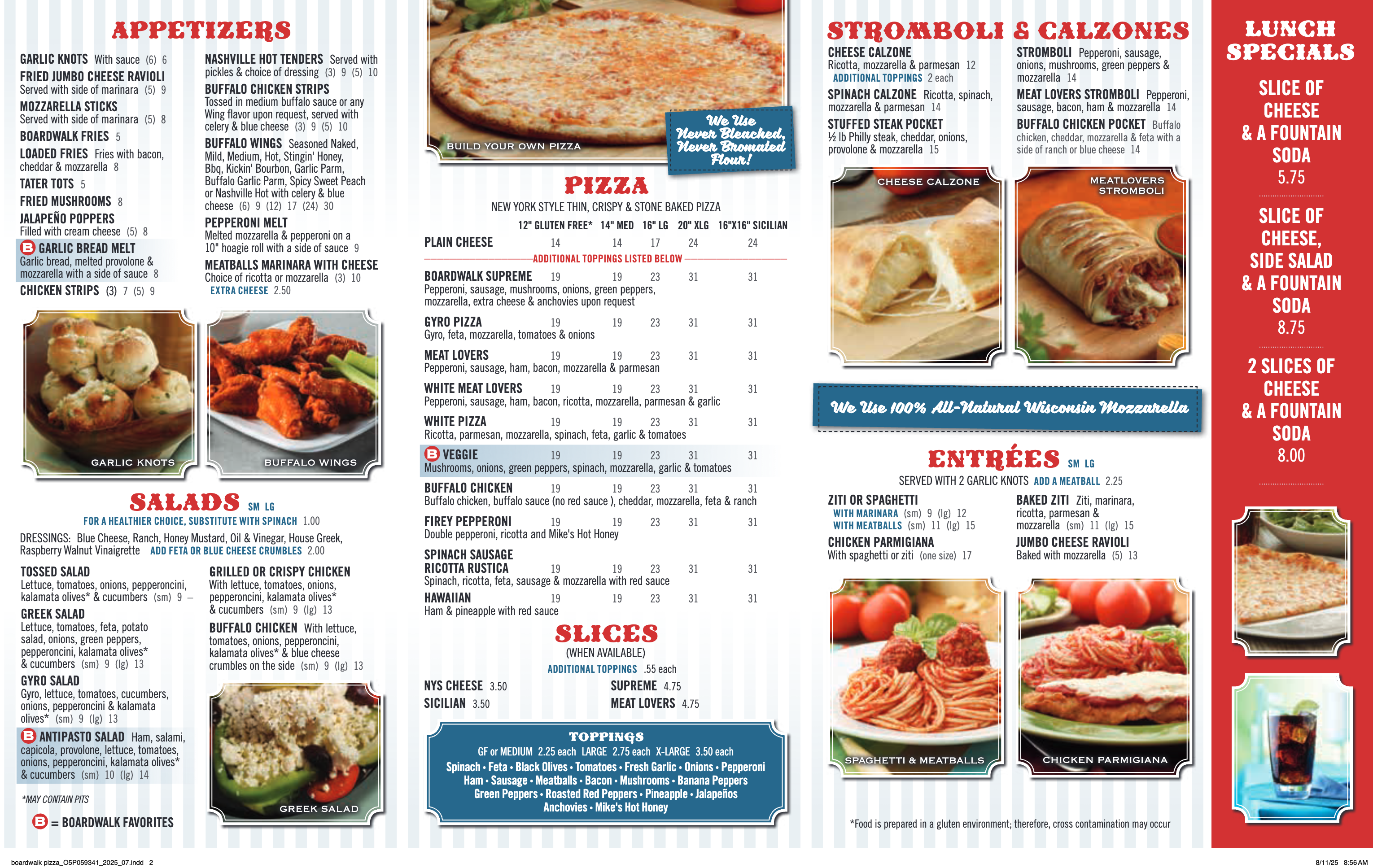 Boardwalk Pizza & Gyros menu — appetizers, pizza, salads, entrées, stromboli, calzones, lunch specials
